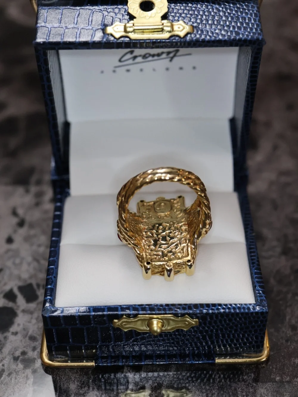 Gold Signet Ring with Red Ruby Accents. Hollow 14k gold